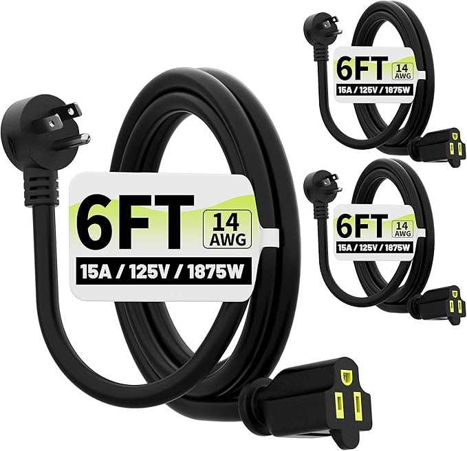 Vockjour 6 FT 3 Pack Black Low Profile Flat Plug 14 Gauge Heavy Duty Extension Cord, 14AWG 3-Wire Grounded Appliance Extension Cord, 15A/125V/1875W SJTW ETL Listed Power Cord