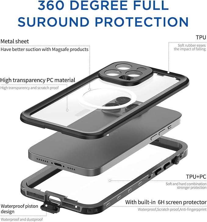 AICase for iPhone 14 Pro Max Case Waterproof, Compatible with Magsafe Magnetic Protective iPhone 14 Pro Max Phone Case, Water Proof Mag Safe Magnet Shockproof Full Body Clear with Screen Protector