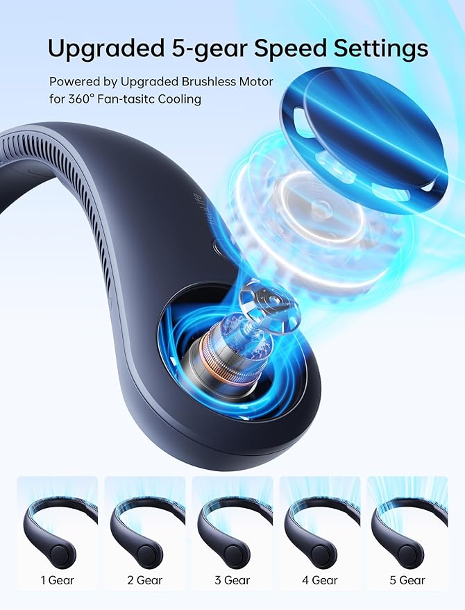 JISULIFE Portable Neck Fan, Hands Free Bladeless Fan, 5 Speeds, 4000 mAh Battery Operated Wearable Personal Fan, Twistable, Rechargeable, Gift for Women Men-Blue