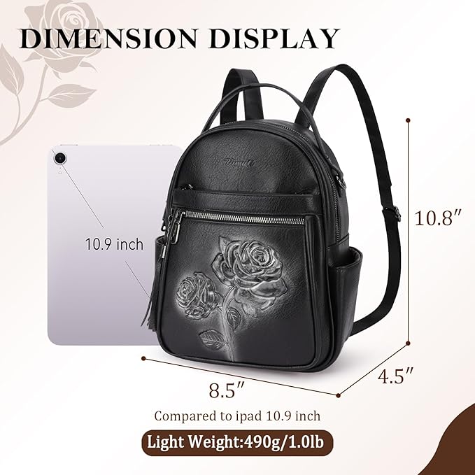 Mini Backpack Purse for Women,Embossed Leather Small Backpack Fashion Travel Backpacks Daypacks Shoulder Handbag (BLACK-Flower)