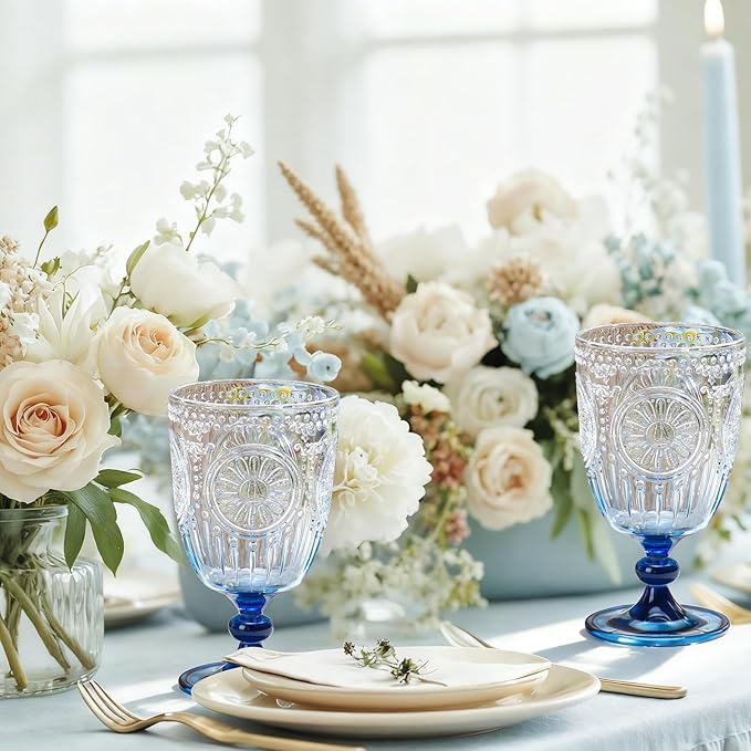 XUWAIDSGN 12Pcs Plastic Vintage Wine Glasses 13.5oz Reusable Embossed Goblet Glasses Blue Gradient Retro Wine Glassware Unbreakable Stemmed Champagne Water Cups for Wine Cocktail Juice Wedding