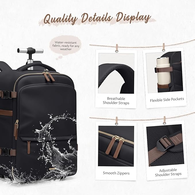 GOLF SUPAGS Rolling Backpack for Women 17 Inch Convertible Travel Laptop Backpack with Wheels, 32L Carry On Business Luggage Daypack Water-Resistant Rolling Bag for Work Short Trips (Black)