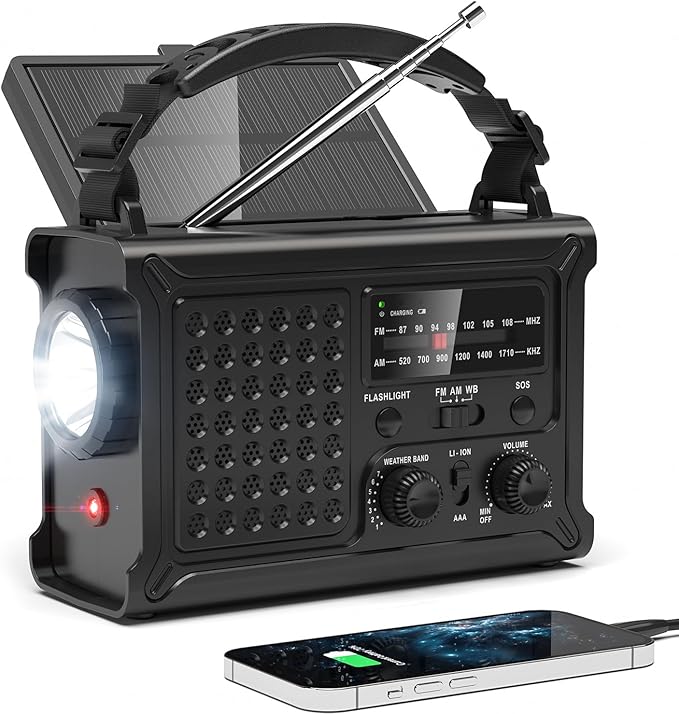 NOAA Emergency Weather Radio-12000mAh/44400mWh Radio Portable AM/FM with Solar/Hand Crank/USB Rechargeable Battery/SOS Alarm for Indoor/Outdoor Emergencies