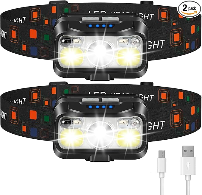 LHKNL Headlamp Rechargeable, Lumen Super Bright Motion Sensor Head Lamp Flashlight,2-Pack Waterproof LED Headlight with White Red Light,8 Modes Head Lights for Camping Cycling Running Fishing
