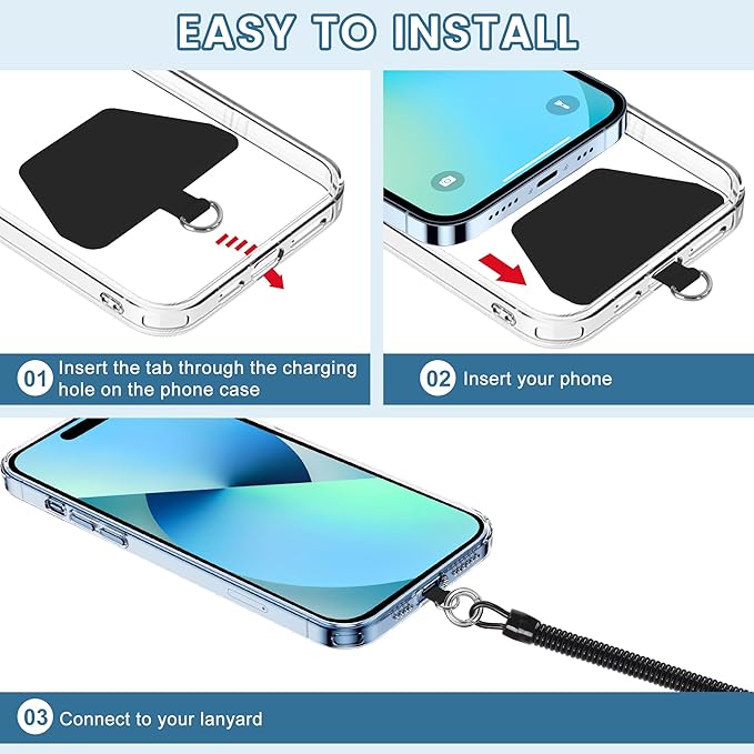 takyu Phone Tether, 2PCS Phone Leash Anti-theft Phone Strap with 4*Patch and 1*Carabiner for Outdoor Hiking Climbing Fit for iPhone Samsung Most Smartphones (Black+Black)