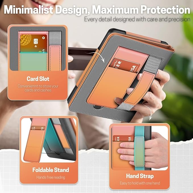 TNP Stand Case for Kindle Paperwhite 12th Generation 2024 / Kindle Colorsoft Signature Edition with Hand Strap & Card Slot - 7" PU Leather Protective Folio Cover with Auto Wake/Sleep, Pink Orange