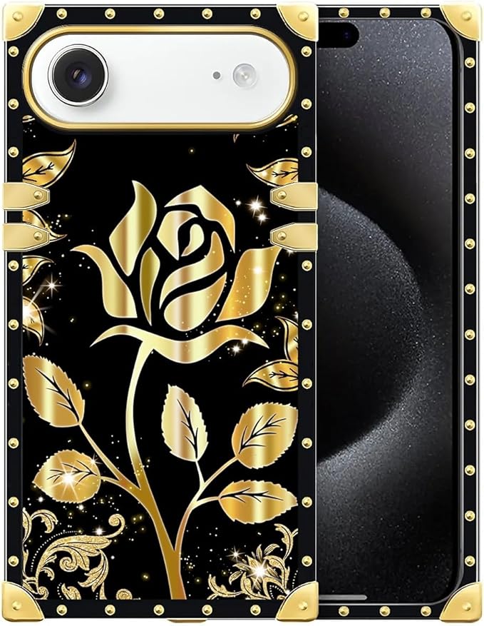 for iPhone 17 Air Case Luxury Golden Decoration for Girl Women Soft TPU Shockproof Protective Hard PC Back for iPhone 17 Air Crazy Pattern Shine Gold Rose