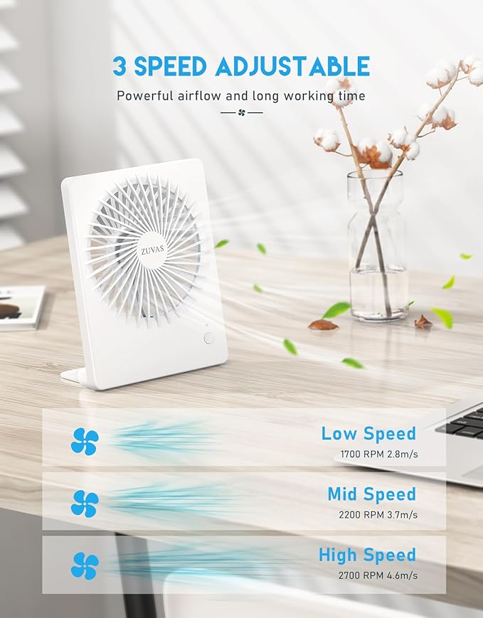 Zuvas Desk Fan Battery Operated Fan Rechargeable 180°Tilt Folding Personal Fan Ultra Quiet Small Portable 3 Speed Adjustable Strong Wind Fan For Office Bedroom Home Desktop Camping (White)
