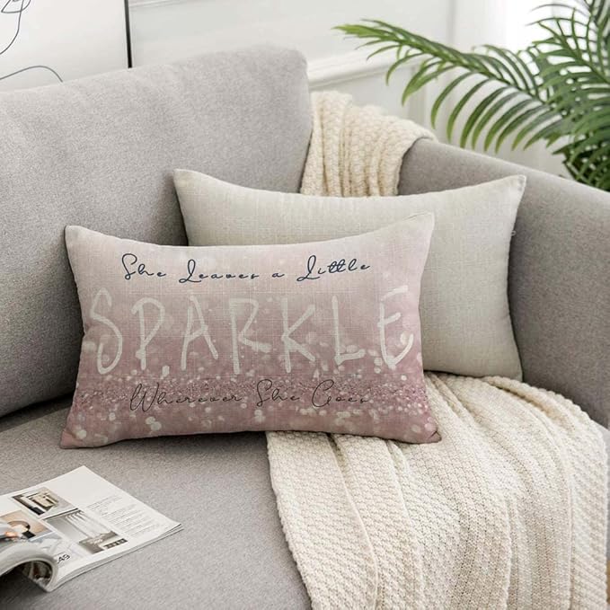 TKS MITLAN Sparkle Pillow Covers 12x20 Inch Glitter Pink She Leaves A Little Sparkle Wherever She Goes Decorative Throw Pillow Covers Cushion Case for Home Sofa Couch Decoration