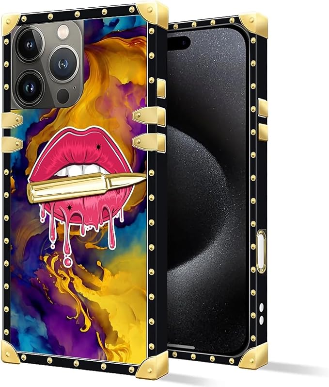 Compatible with iPhone 16 Pro Max Case, Cool Corlorful Lip Marble Luxury Golden Decoration for Girl Women Soft TPU Shockproof Protective Hard PC Back for iPhone 16 Pro Max
