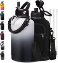 Half Gallon Water-Bottle with straw - 64oz Vacuum Insulated Water Bottles with Paracord Handle, Straw Spout Lids, Water Bottle Carrier Holder, Protective Cup Mat, 2 Liter Stainless Steel Water Jug