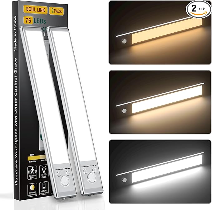 Under Cabinet Lights,76 LED Operated Motion Sensor Light Indoor,1500mAh USB Rechargeable Closet Lights, 2 Pack Magnetic Dimmable Closet Lights，Wireless Under Counter Lights for Kitchen, Stairs