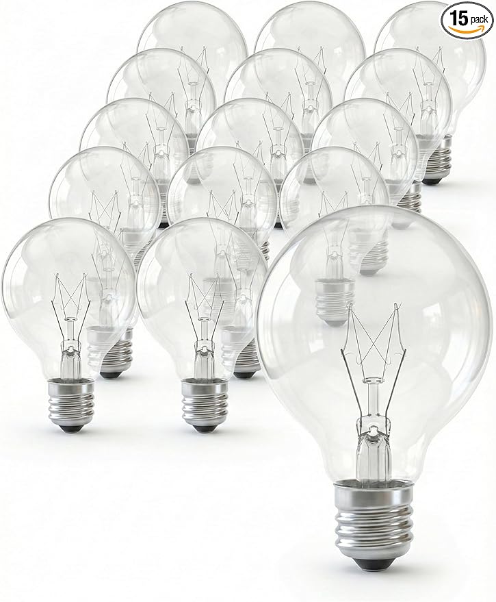 G40 Replacement Bulbs, 15 Pack Incandescent Light Bulbs for Outdoor String Lights, 5 Watt E12 Bulb Candelabra Base, Clear Globe Light Bulbs for Patio Cafe Garden Decor, Warm White 120V 5W