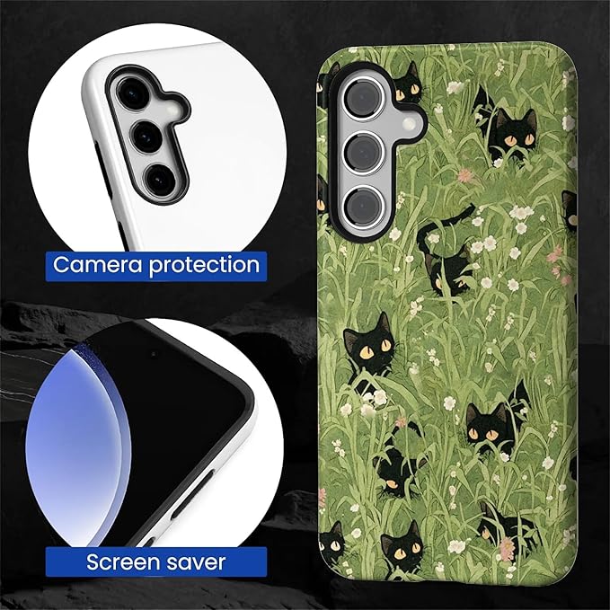 for Samsung Galaxy S23 FE Case,HL2 Grass Cat Hybrid 2 Layer Hard Shell Silicone Protective Pattern Design Case