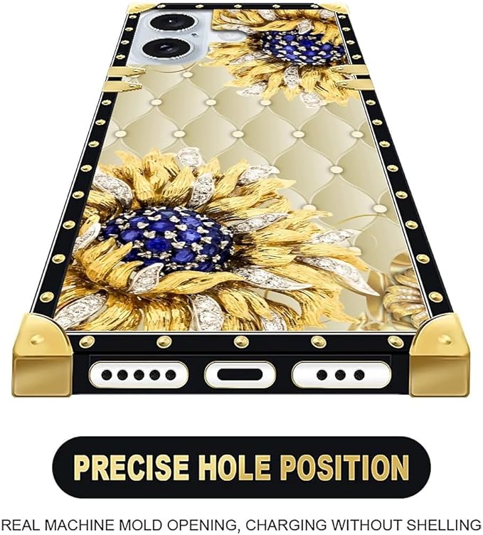 Compatible with iPhone 16 Plus Case, Sunflower Diamonds Leather Luxury Golden Decoration for Girl Women Soft TPU Shockproof Protective Hard PC Back for iPhone 16 Plus