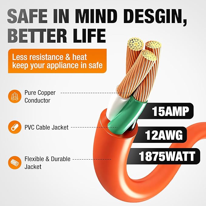 Outdoor Extension Cord 50 FT Waterproof, 12/3 Gauge Heavy Duty 3 Prong Power Cord with Lighted Indicator End,15A 125V 1875W SJTW, ETL Listed, Great for Lawn/Garden/Home(Orange)