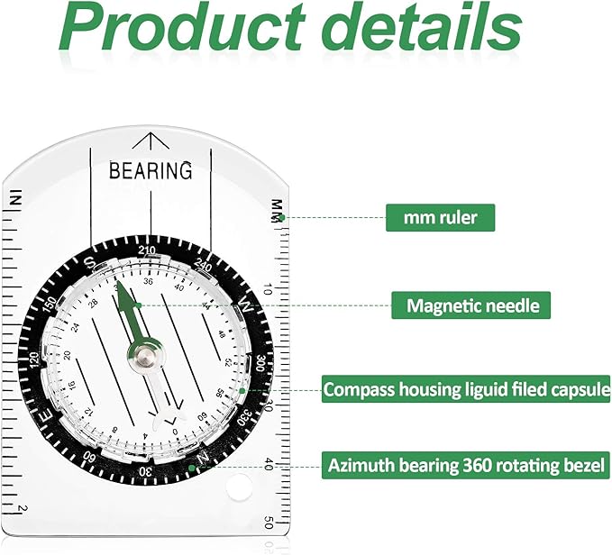 BBTO 9 Pieces Orienteering Compass Hiking Backpacking Camping Compass Map Reading Outdoor Waterproof Tool for Scout Kids Women