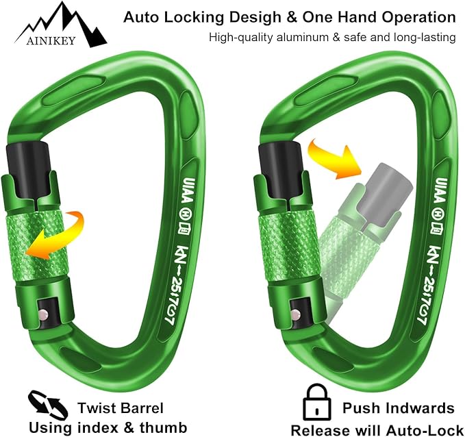 UIAA Certified Professional Heavy Duty Large Locking Carabiner Clips Climbing Carabiner 25kN Auto Locking Carabiner for Rock/Ice Climbing Rappelling Rescue Swing etc, D Shaped