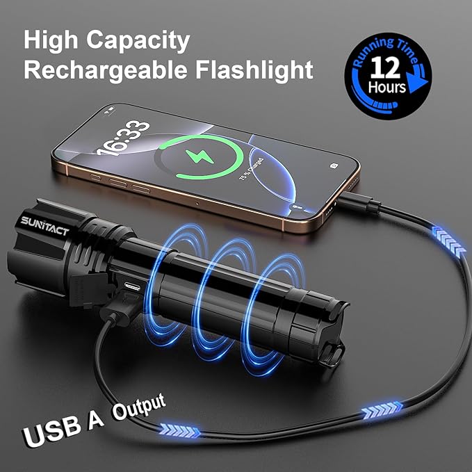 Sunitact Flashlights High Lumens Rechargeable - 20000LM 30W Super Bright LED Flash Light | 5000ft Beam & 12H Long Lasting USB High Powered Handheld Police Flashlight for Home/Camping/Hiking/Emergency