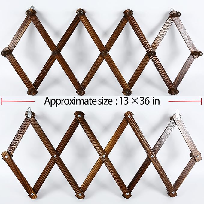 AMAPON Accordion Style Expandable Wall Wooden Coat Rack 13 Hooks (Pegs) Hang Hats Jackets Coffee Mug Purses Necklaces Towels Cap Leash Scarves Data Line Kitchenware (Walnut)