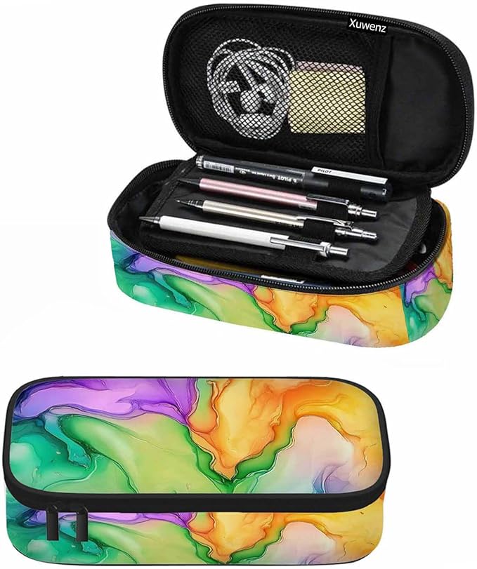 Abstract Print Pencil Case Colorful Fluid Waves Golden Swirls Pencil Bag Pouch Box Organizer for College School Students Boy Girl