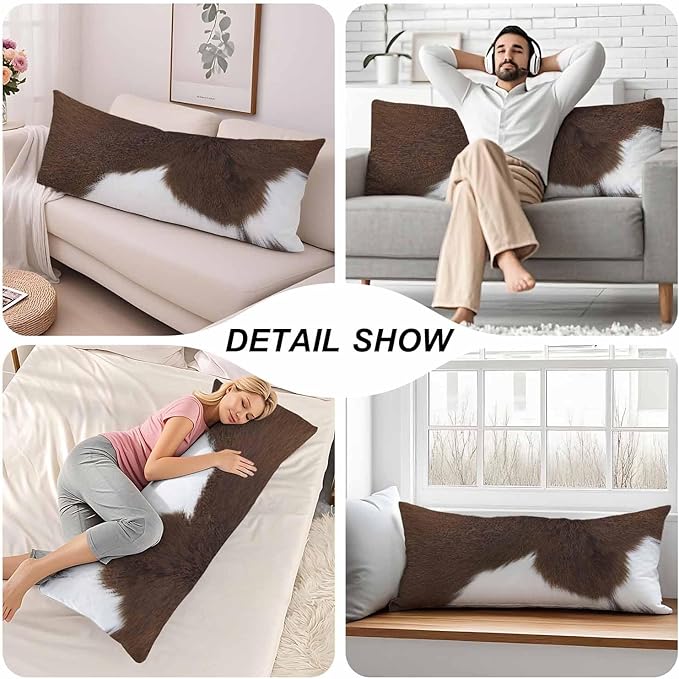 Decorative Home Body Pillow Covers Brown Cowhide, Body Pillow Cushion Cases Cow Skin Hairy Cattle Skin Lumbar Pillow Cover Body Pillowcase for Bedroom Couch Sofa 20x54 Inch