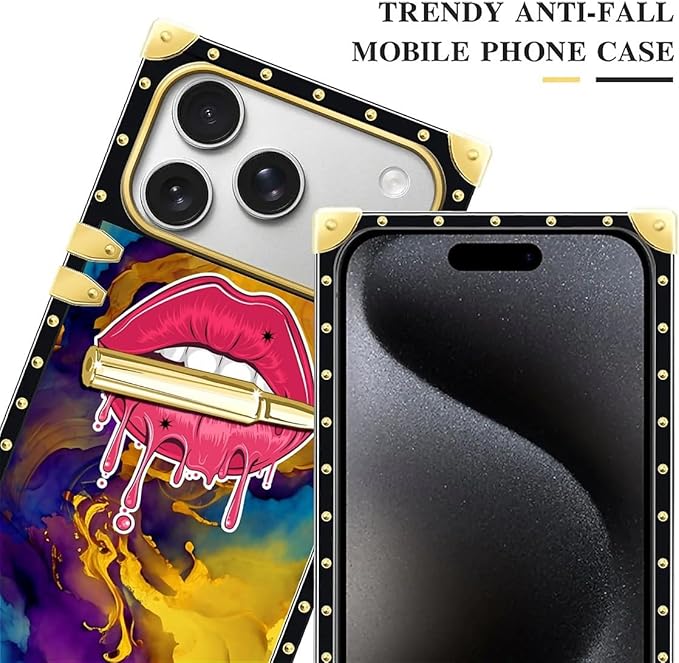 for iPhone 17 Pro Max Case Luxury Golden Decoration for Girl Women Soft TPU Shockproof Protective Hard PC Back for iPhone 17 Pro Max Crazy Pattern Cool Corlorful Lip Marble