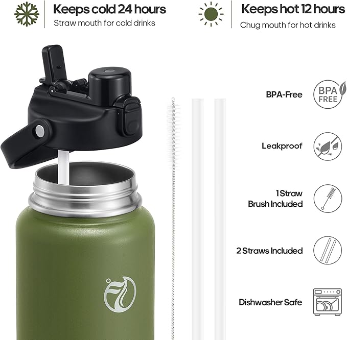 64oz Half Gallon Insulated Water Bottle with 2-in-1 Lid (Chug & Straw), Double Walled Vacuum Stainless Steel Water Bottles, Wide Mouth Leakproof Insulated Jug with Straw