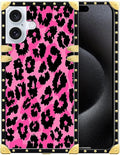 Compatible with iPhone 16 Plus Case, Pink Black Leopard Luxury Golden Decoration for Girl Women Soft TPU Shockproof Protective Hard PC Back