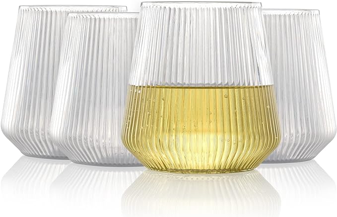 hotder Stemless Wine Glasses Set of 4, 12 oz Tritan Unbreakable, Vertical Design, Dishwasher-Safe, Red Wine Glasses for Home, Party and Outdoors