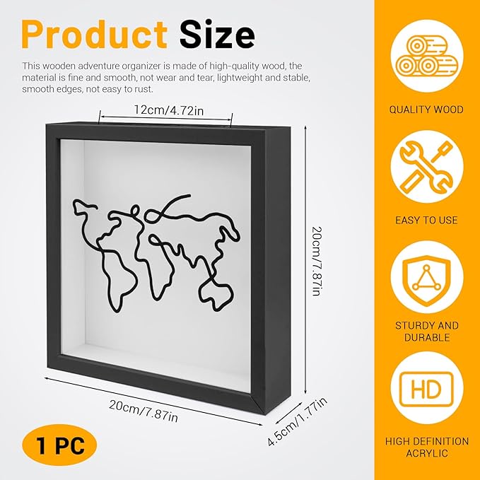 ASTIMESA 7.8" x 7.8" Adventure Archive Box Display Case, Transparent Travel Shadow Box Frame with Slot on Top, Map Travel Memories Holder for Keepsakes Gift Concert Ticket Photo (Black)