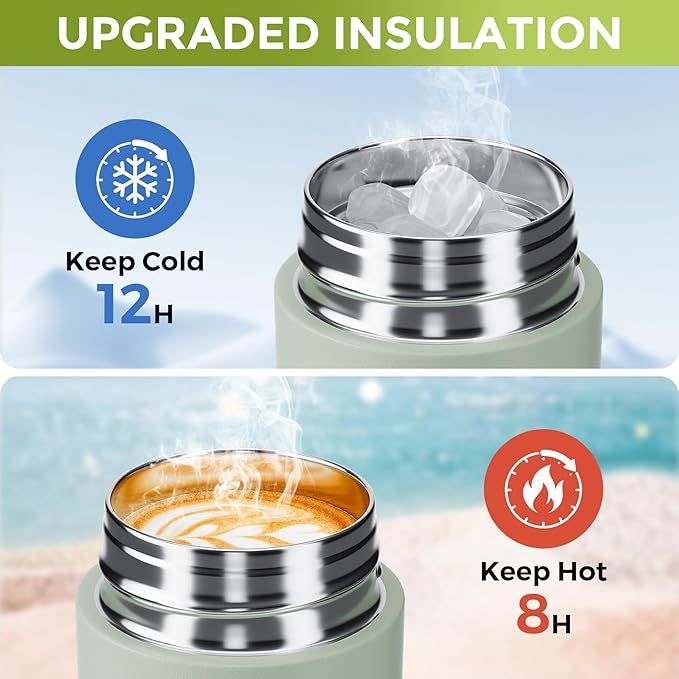【Upgraded】Exllena Small Insulated Water Bottle 12 oz/350ml– Mini Insulated Water Bottle for Hot & Cold Drinks, Perfect Small Water Bottle for Travel, Purse...(Sage Green)