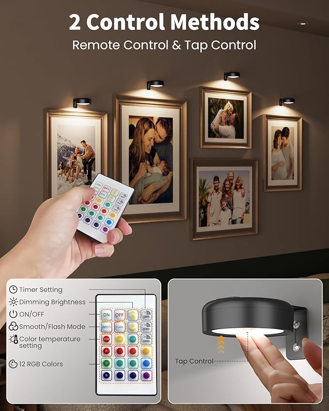 3 Pack Picture Lights for Wall,Wireless 2000mAh Rechargeable Magnetic LED Puck Lights with Remote,3 Color Temps and 12 RGB,Dimming & Timer,Art Frame Light for Painting Display,Photos,Wall Decor