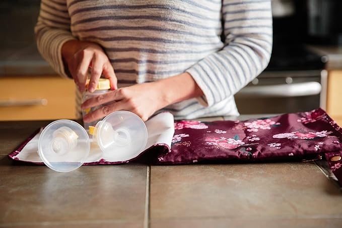 Sarah Wells Pumparoo Wet Dry Bag for Breast Pump Parts – Compact Organizer with Waterproof Pocket, Staging Mat & Fridge Hack – Machine Washable Pumping Accessory (Berry Bloom)