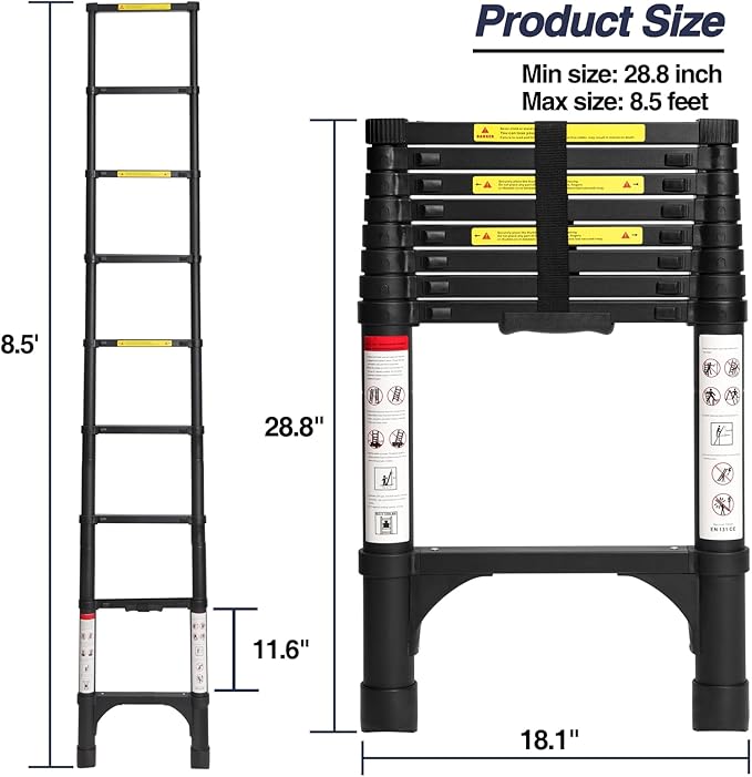 BOCOM 8.5 FT Aluminum Telescoping Ladder, Lightweight Multi-Purpose Collapsible Extension with 2 Triangle Stabilizers, Heavy Duty 330 lbs Max Capacity, Ideal for Home, RV, and Outdoor Work Black