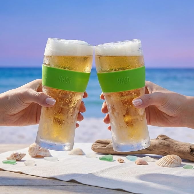 Frozen Pint Beer Glasses - Freezable Mugs Freeze Chiller, Birthday Gifts Him, Men, Dad, Guys, Cooling Cups 12oz Unbreakable Acrylic, Double Walled Insulated Glass Gift, Iced Coffee Tumbler, 2 Set