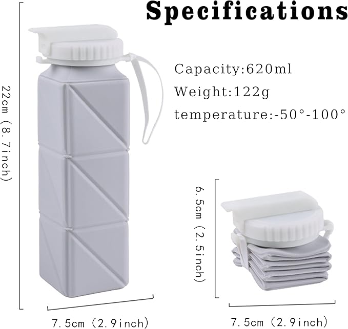 EOBTAIN Collapsible Watter Bottles for Traveling Grey Silicone Foldable Water Bottle with Straw,Portable Lightweight and BPA Free Reusable Water Bottle Cup for Camping Hiking,Leakproof
