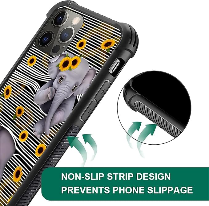 for iPhone 11 Pro Case, Cute Little Elephant Sunflower White Line Art Pattern Made of Soft Silicone Hard Acrylic Shock Protection for iPhone 11 Pro