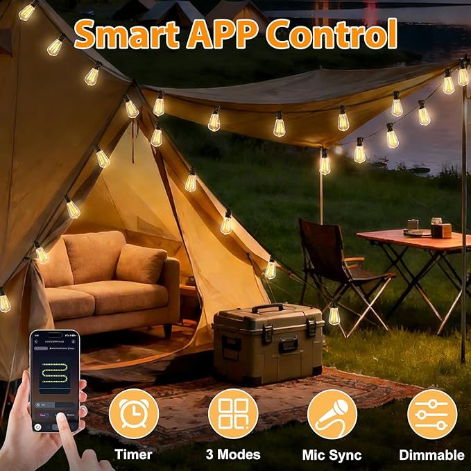 LumBelle Smart Outdoor String Lights, 100FT ST38 LED Patio Lights with Timer Remote APP Control, 42 Shatterproof LED Bulbs (2 Spare), Dimmable Waterproof Hanging Light for Backyard Porch Party Decor