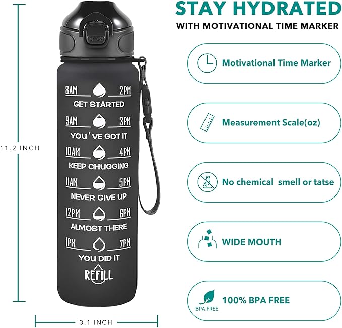 Enerbone 32 oz Drinking Water Bottle with Times to Drink and Straw, Motivational with Carrying Strap, Leakproof BPA & Toxic Free, Ensure You Drink Enough Water for Fitness Gym Outdoor