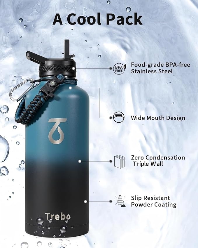 Trebo Water Bottle Insulation 87 oz, Vacuum Stainless Steel Water Jug (Keep Cold for 48 Hrs), LeakProof & Non-BPA, Water Flask with Paracord Handle & Straw Spout Lids, Indigo/Black
