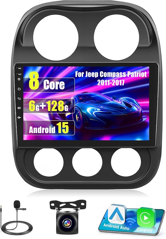[8Core 6G+128G] Android 15 Car Radio for Jeep Compass Patriot 2010-2016 with Wireless Carplay Android Auto, 10 Inch HD Touchscreen Car Stereo with WiFi GPS Bluetooth5.0 FM/RDS 32EQ SWC