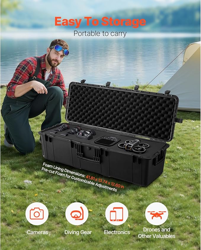 VEVOR Weatherproof Hard Case, Heavy Duty Protective Dry Box Case with Pre-Cut Foam Retractable Pull Handles for Travel, Hunt, Military, Tactical, IP67 Waterproof Case for Cameras(44.09*15.94*13.46)