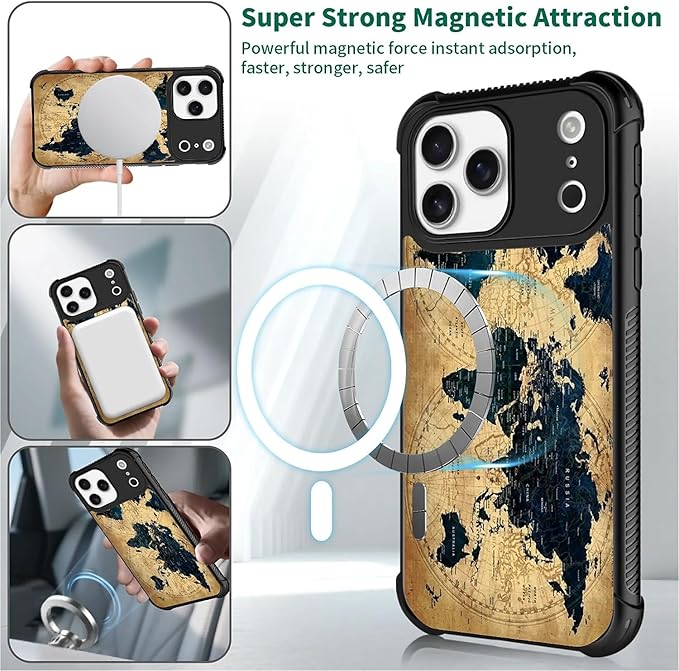 for iPhone 17 Pro Max Case,for MagSafe Graphic Design for Girl Boy Soft Silicone Hard Acrylic Shock Protection Designed for iPhone 17 Pro Max Brown World Map Pattern