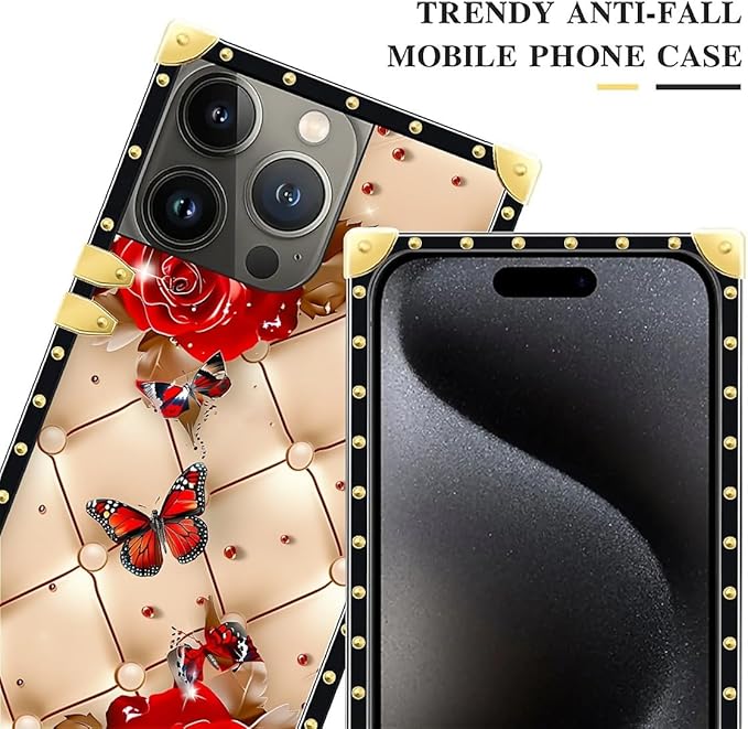 Compatible with iPhone 16 Pro Case, Shining Red Rose Butterfly Leather Background Luxury Golden Decoration for Girl Women Soft TPU Shockproof Protective Hard PC Back