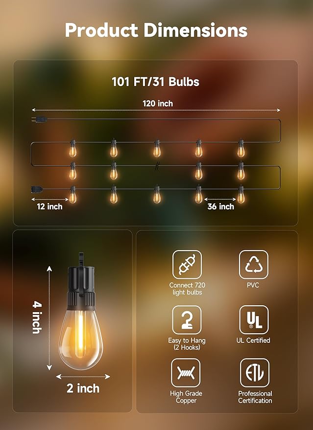 Minetom 101FT Outdoor-String-LED-Patio-Lights-Waterproof, 31Shatterproof S14 Vintage Edison Bulbs, Commercial Grade Outside Hanging Lights Waterproof for Porch Deck Garden Backyard Balcony Cafe Bistro