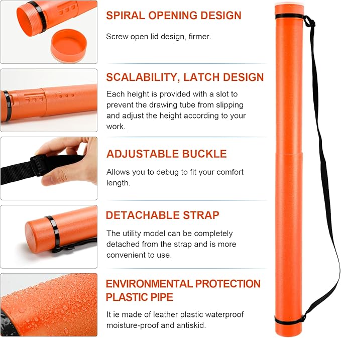 DEWEL Poster Tube, Waterproof Poster Holder Plastic Expandable Poster/Art/Document Storage Tube 24.5" to 40", Adjustable Poster Storage Blueprint Holder with Carrying Strap (Orange-Large Size)