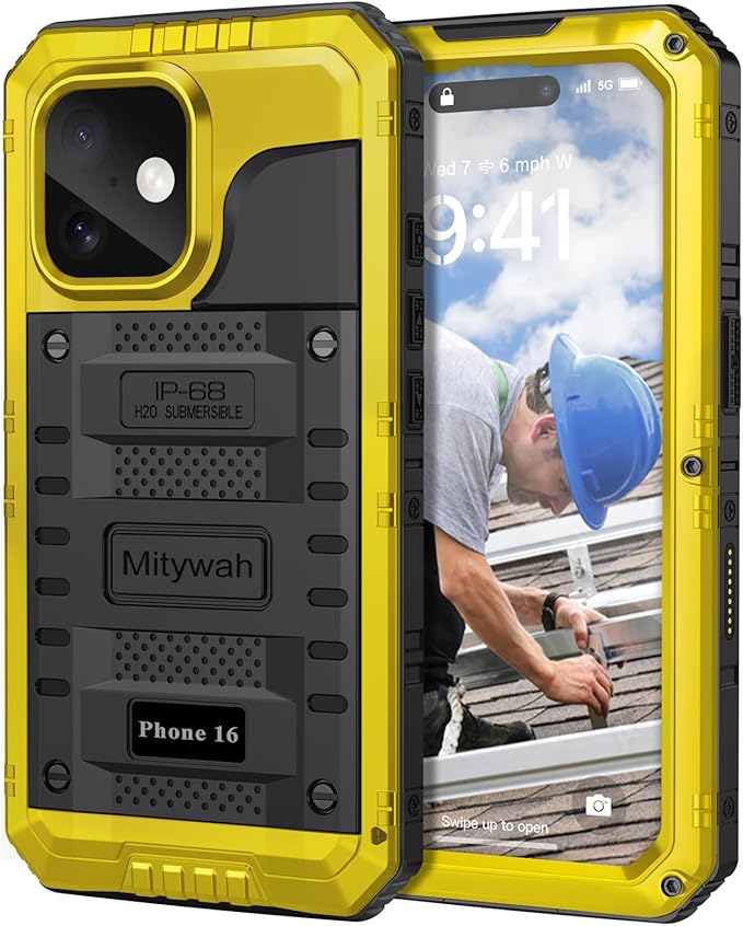 Mitywah Waterproof Case for iPhone 16, Shockproof Heavy Duty Case with Built-in Screen Protector, Underwater Full Body Protective Metal Case 6.1 inch, Yellow