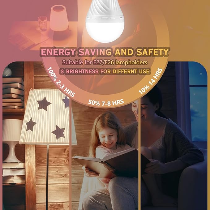6 Pack Rechargeable Emergency Light Bulbs, Battery Powered LED Light Bulb 6000K Daylight E26 12W 60W Equivalent with 1500mAh for Home Power Outage Camping Hiking( 6 Bulbs, 6 Hooks,3 Plug Caps)