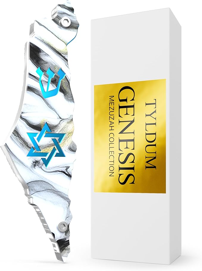 Genesis Mezuzah for Door – Modern Acrylic Mezuzah Case Without Kosher Scroll – Handmade in Canada Judaica Gift, Weatherproof, Jewish Artisan Design, Clear Case (Map with Star, White Marble)